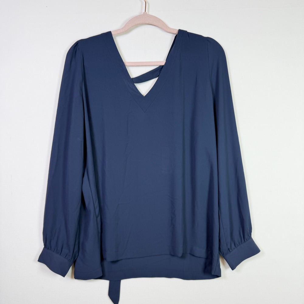 LOFT Blue V-Neck Tie Back Long Sleeve‎ Blouse Size L